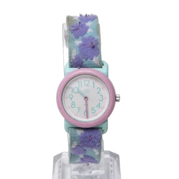 Vintage TIMEX Pastel Watch Floral Elastic Band Plastic Stainless Steel Pink Aqua - Picture 6 of 9